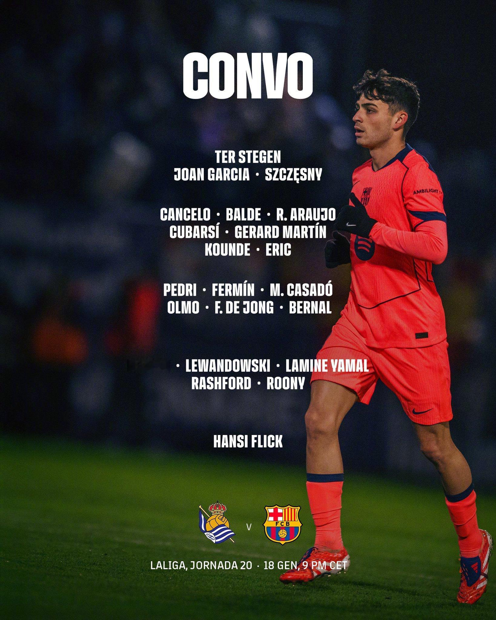 皇家社会vs巴萨 🔥大名单出炉🔥❌加维、拉菲尼亚、克里斯滕森缺席*拉菲尼亚因