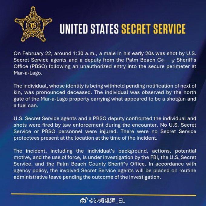 突发：当地时间今天凌晨 1:30 左右，一名20岁出头的男子进入了特朗普在佛罗里