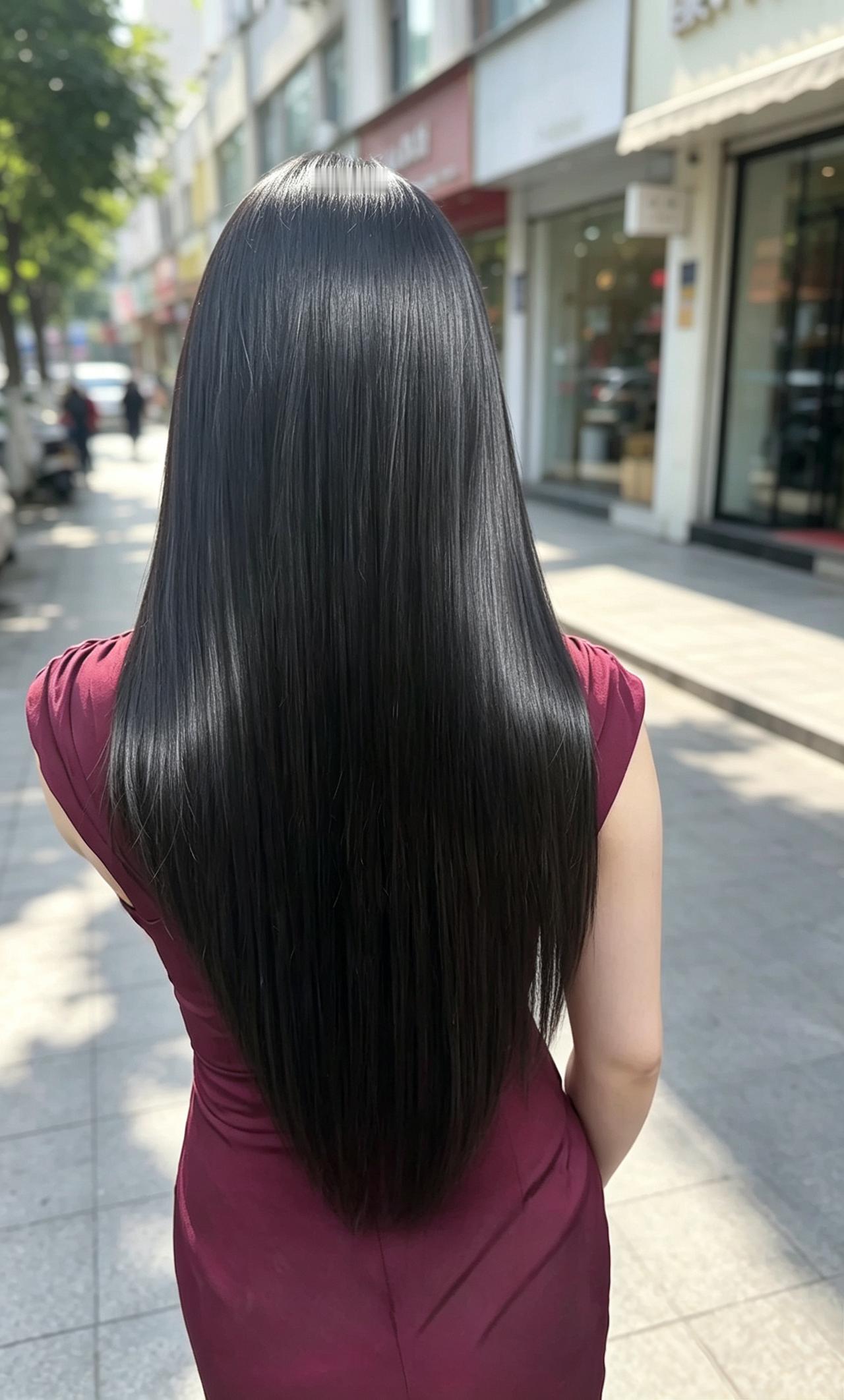 长发妹子穿着红裙在街上走。那一头乌黑亮丽的长发如瀑布般垂落在她的后背，随着她轻盈