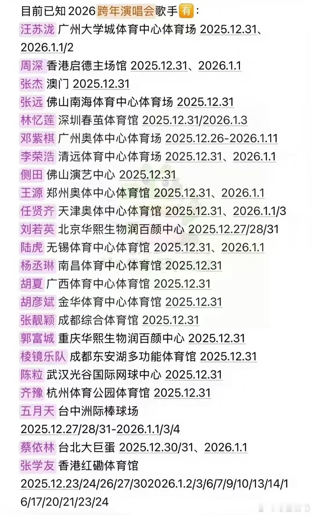 2026跨年演唱会歌手 2026开跨年演唱会的歌手，汪苏泷、周深、张杰、张远、邓