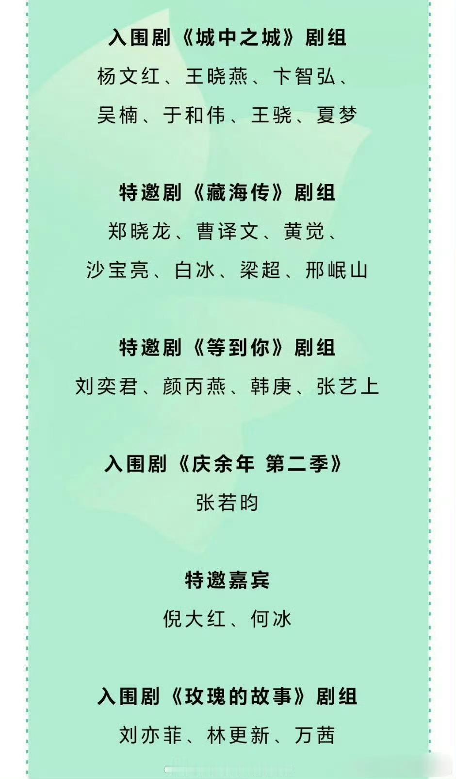 白玉兰出席阵容：刘亦菲《玫瑰的故事》、杨紫《国色芳华》、张若昀《庆余年2》，作为