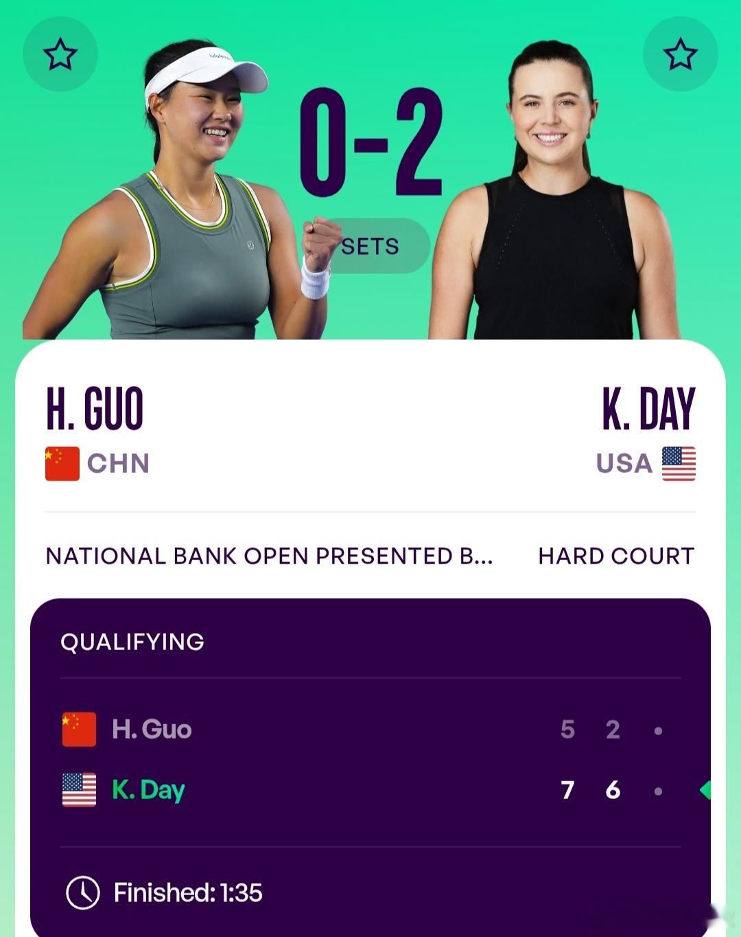 WTA1000多伦多站🇨🇦资格赛决胜轮替补出战的郭涵煜🇨🇳5-7/2-6