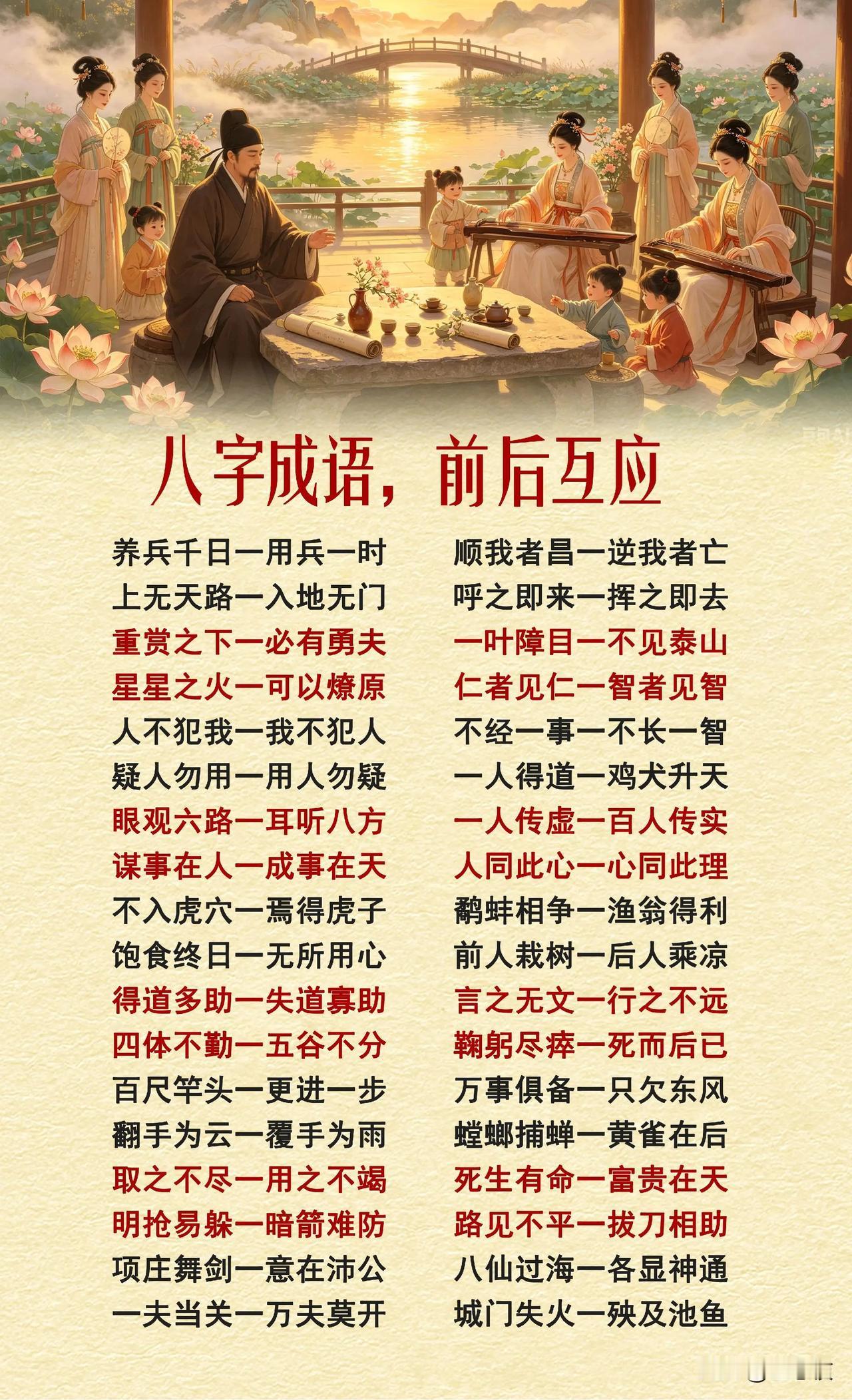 一家人在湖边弹琴赏花。