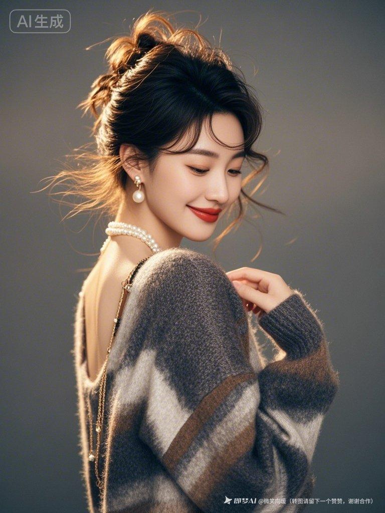 暮色中丁达尔光漫洒，瓜子脸少女侧脸微低自信浅笑，樱桃红唇红润，冷白皮光滑发光，深