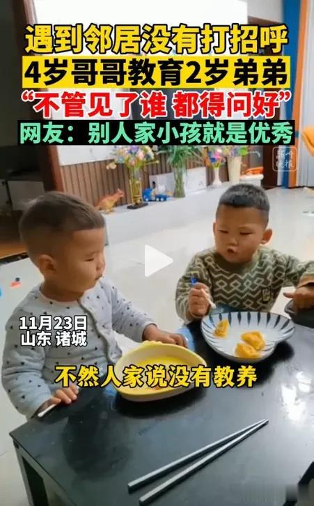 “这俩小孩太优秀了”。山东-诸城，4岁的哥哥教2岁的弟弟如何做人，一段对话让旁边