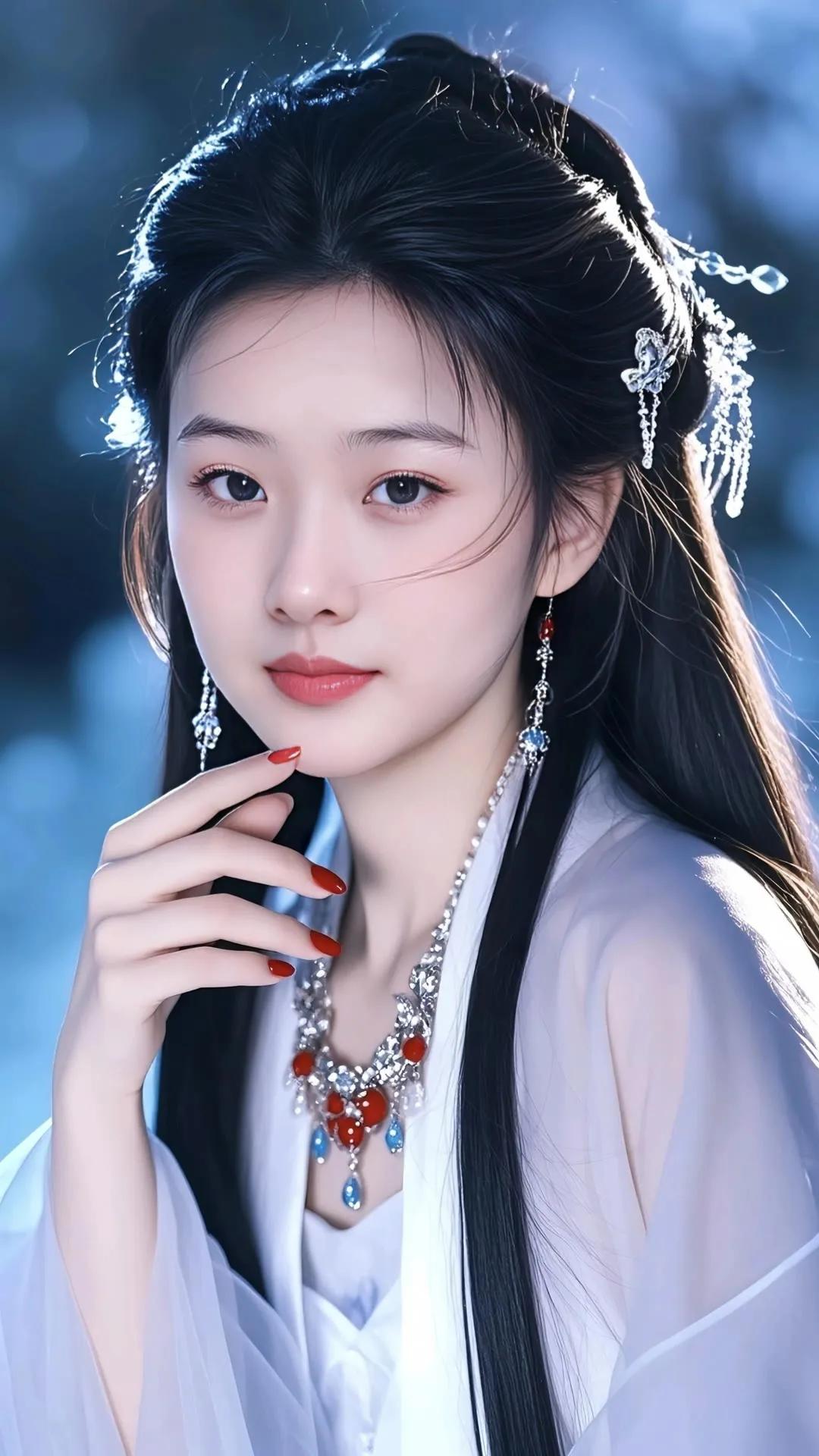 仙气飘飘的古典美人，红唇轻启，宛如画中仙子。