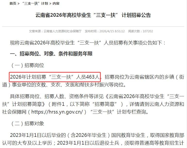 今天，云南省2026年高校毕业生“三支一扶” 计划招募来了，共计463人，名额比