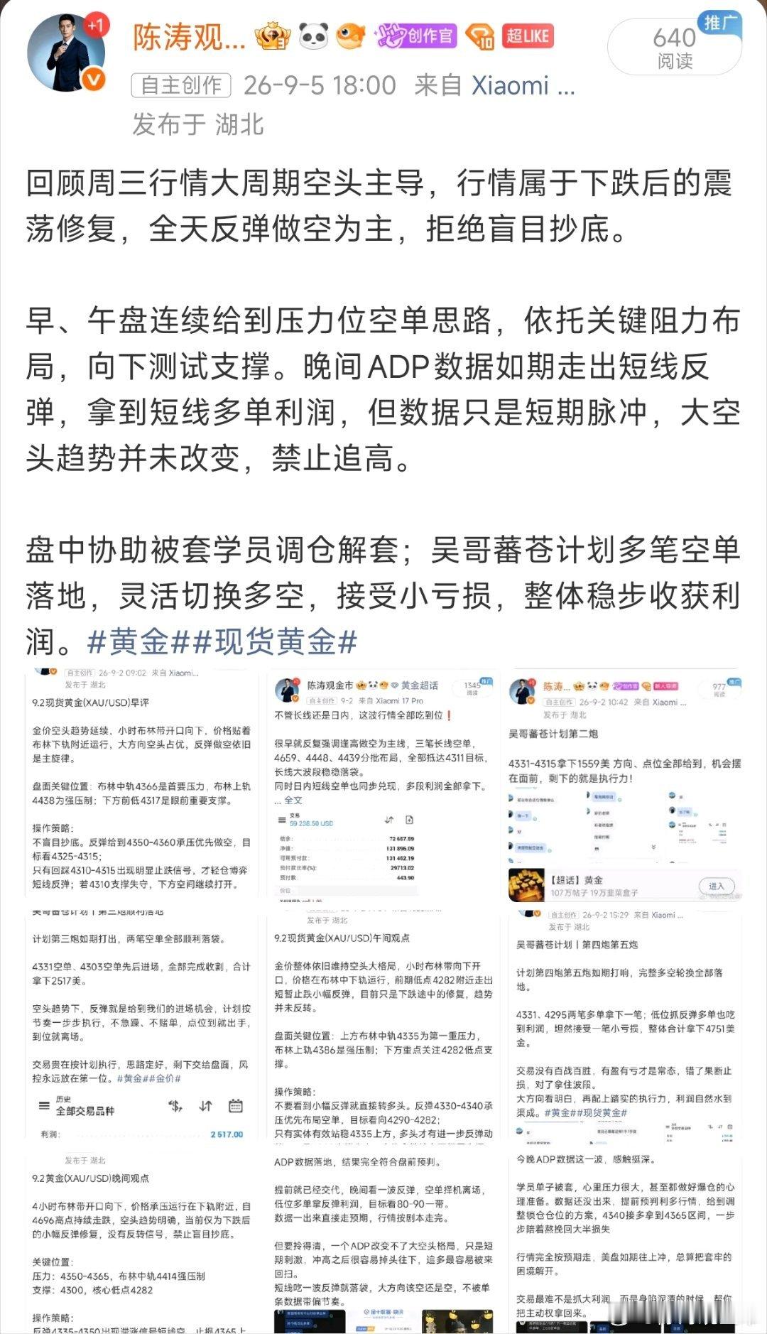 整周黄金大周期空头主导，高位持续承压下行，中间穿插超跌反弹修复，行情反复洗盘，多