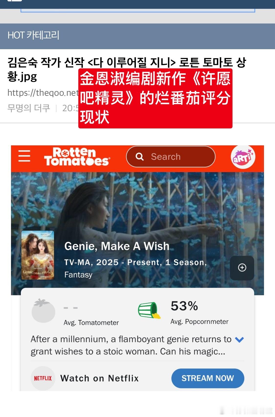 【热帖】金恩淑编剧新作《许愿吧精灵》的烂番茄评分现状 评分5.3分评论（400+