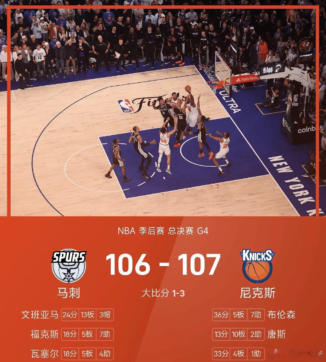 尼克斯绝杀马刺 NBA总决赛，纽约尼克斯主场对阵圣安东尼奥马刺。比赛刚刚开场，客