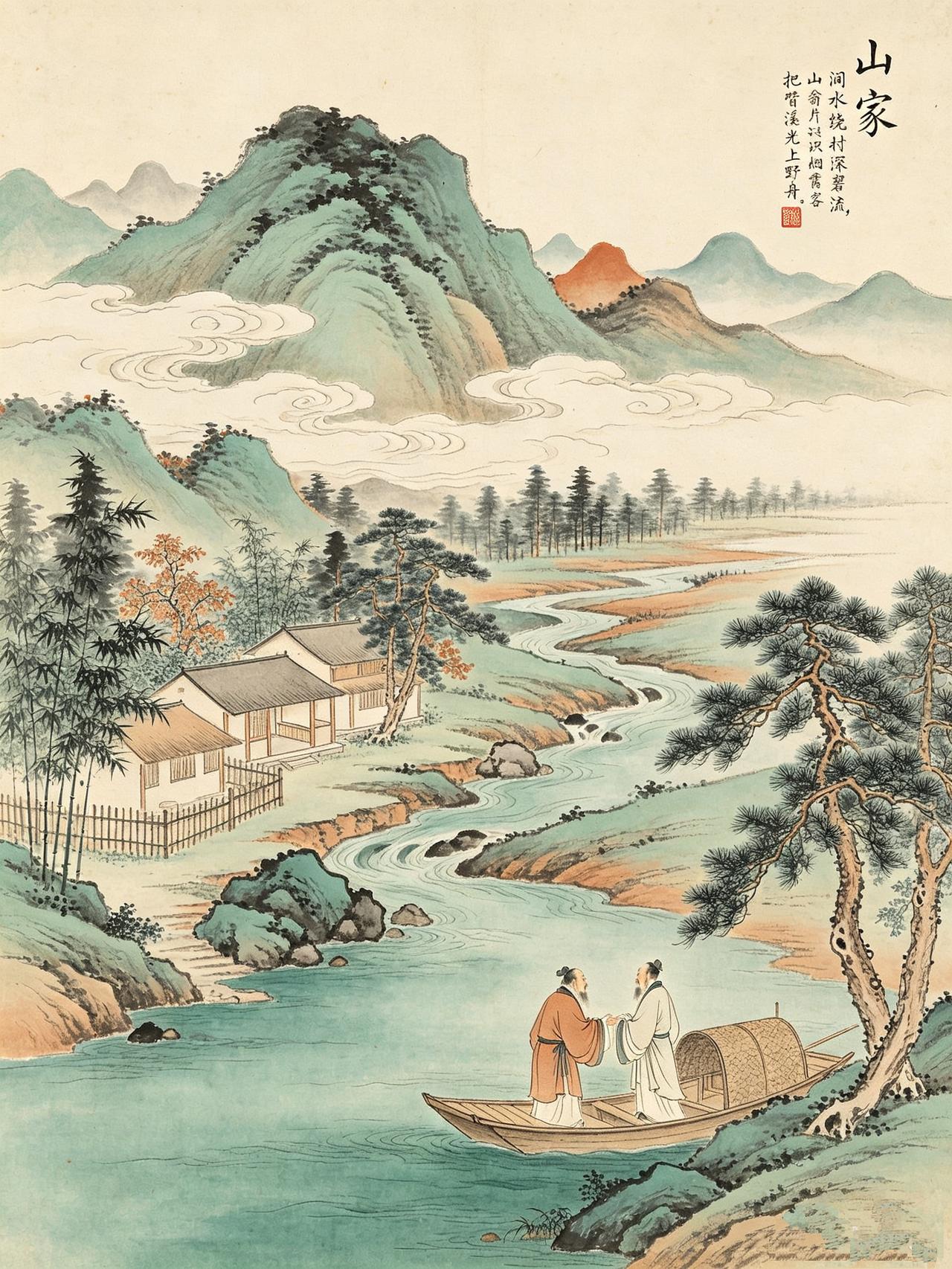 山家
文/冯继兴

涧水绕村深碧流，归云片片过峰头。
山翁久识烟霞客，把臂溪光上