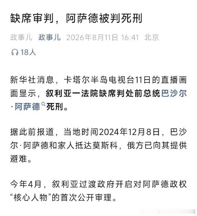 叙利亚一法院缺席判处前总统阿萨德死刑 