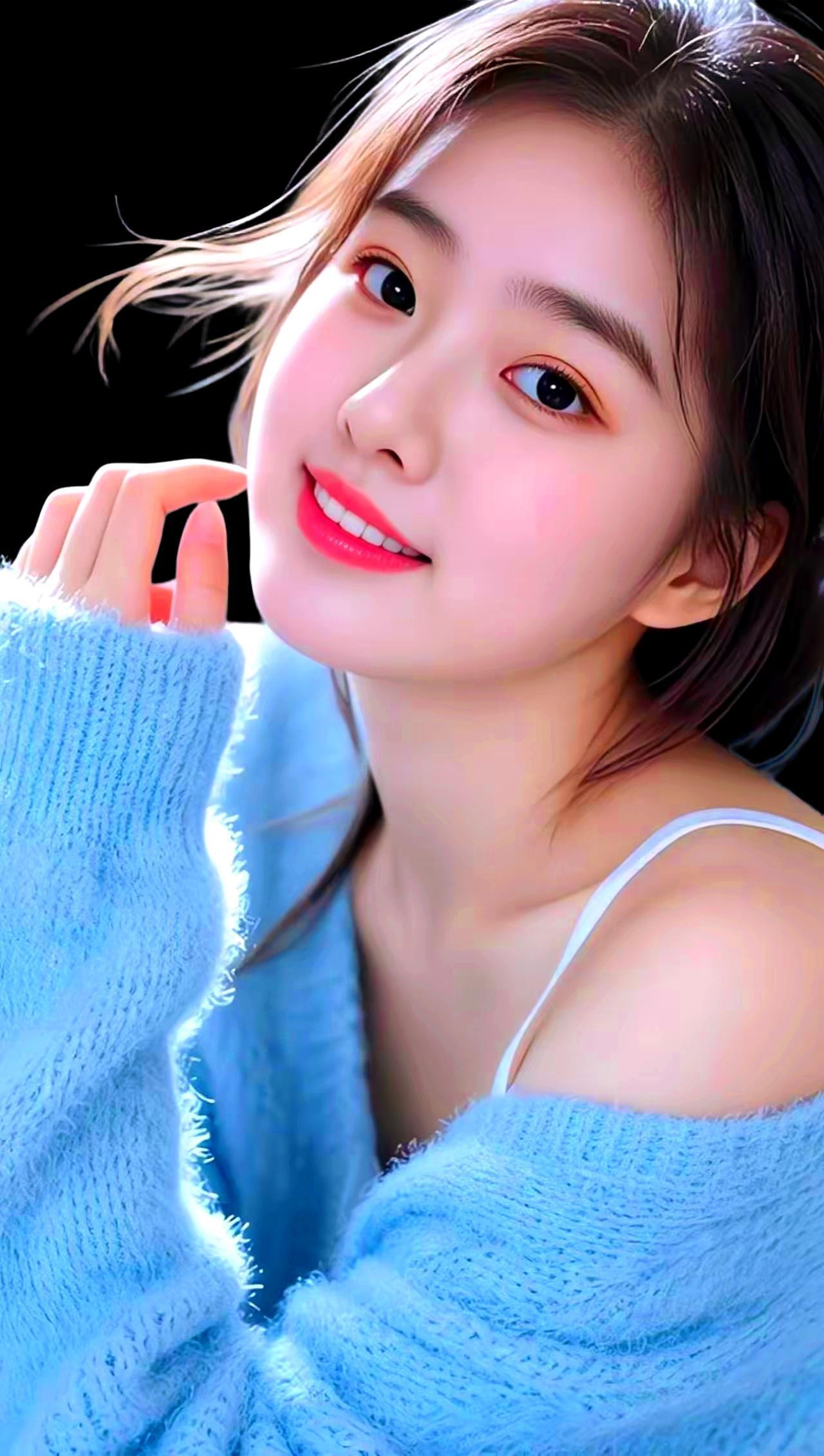 温柔甜美的少女，浅蓝色毛衣搭配白色吊带，笑容灿烂，散发着青春活力！💖✨清纯甜美