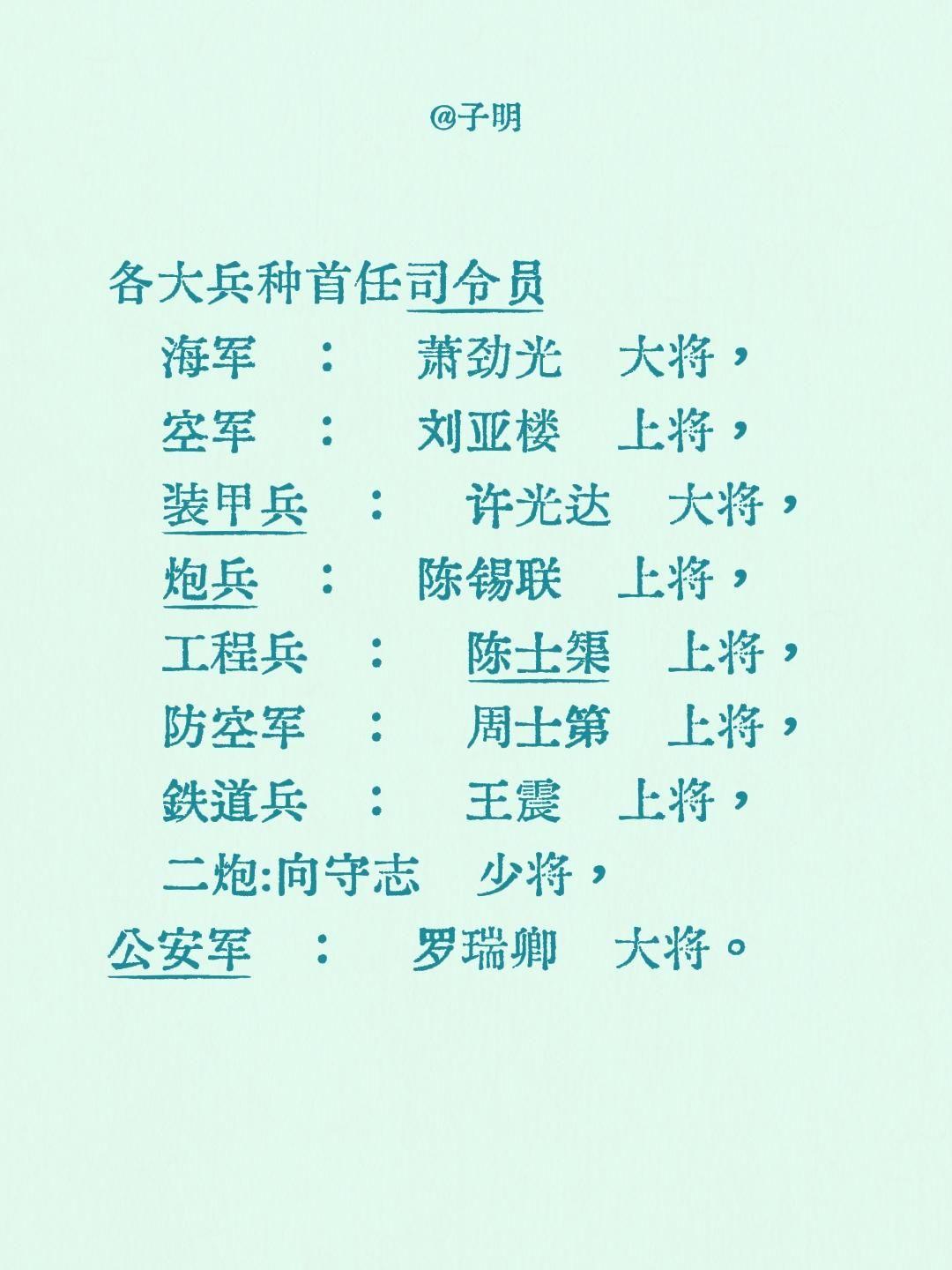 各大兵种首任司令员 海军：萧劲光大将， 空军：刘亚楼上将， 装甲兵：许...