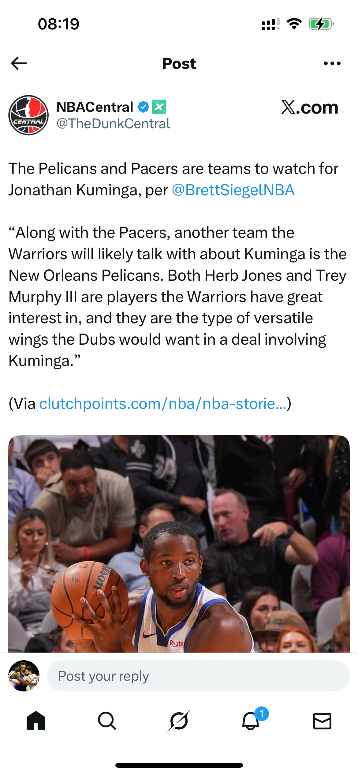 据报道：“除了步行者队之外，勇士队可能会与新奥尔良鹈鹕队就库明加进行谈判。勇士队