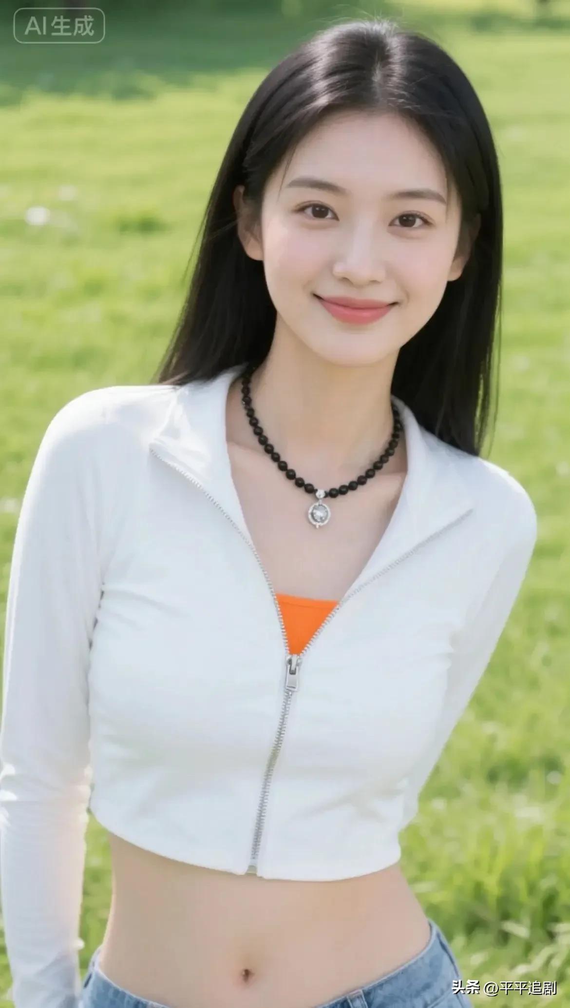白衫拉链半开，橙内搭撞出活力，在青草地上藏着青春的鲜活张力。