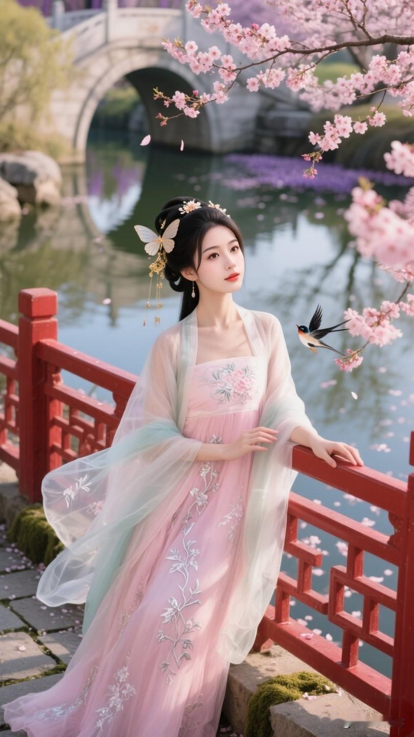 春日桥边立，花影入梦来。最是相思节，念念不忘怀。亭前花影