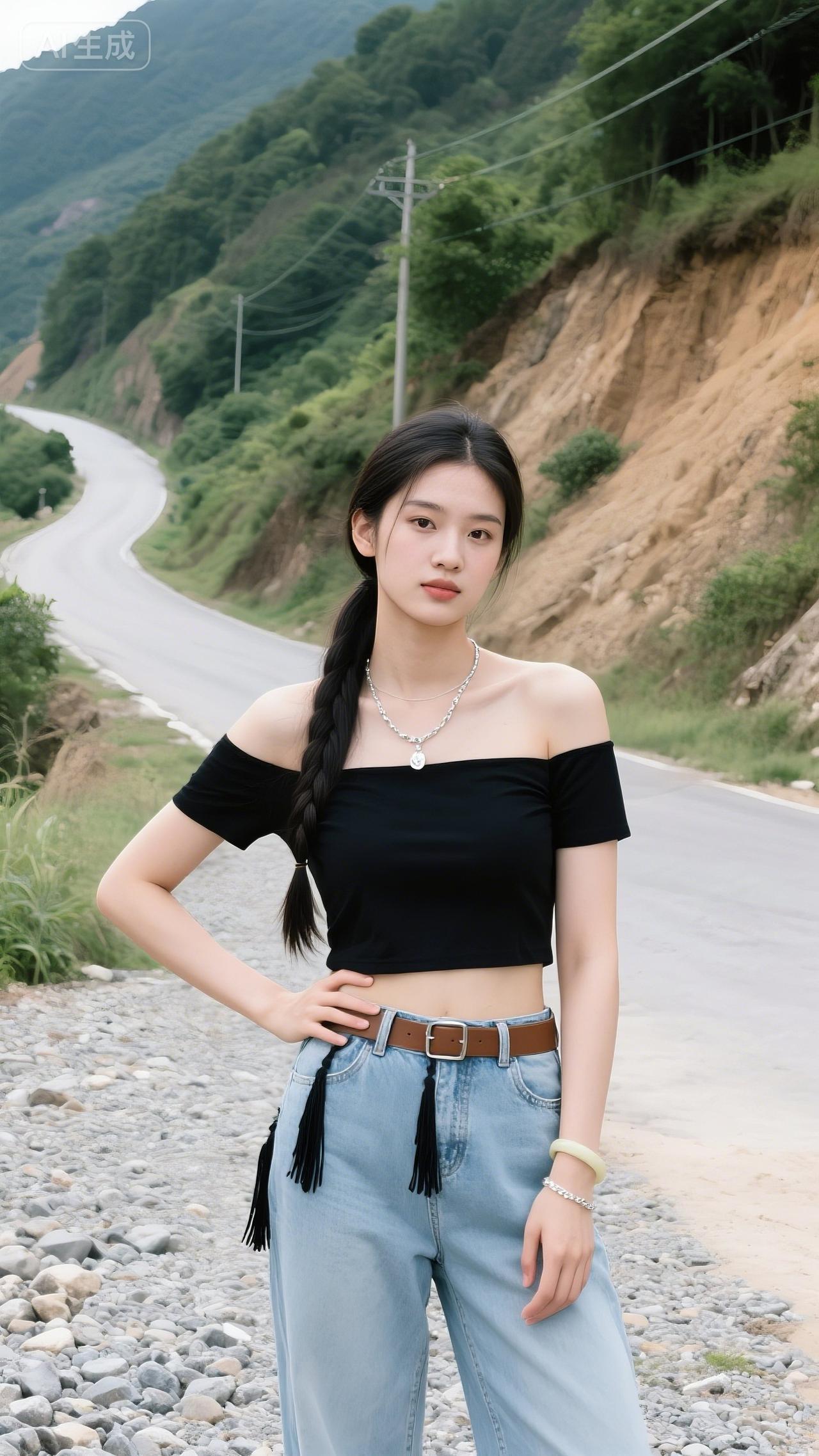 山间公路旁，露肩黑衫配阔腿牛仔，高马尾编出随性，她往那儿一站，连风都染上了松弛的