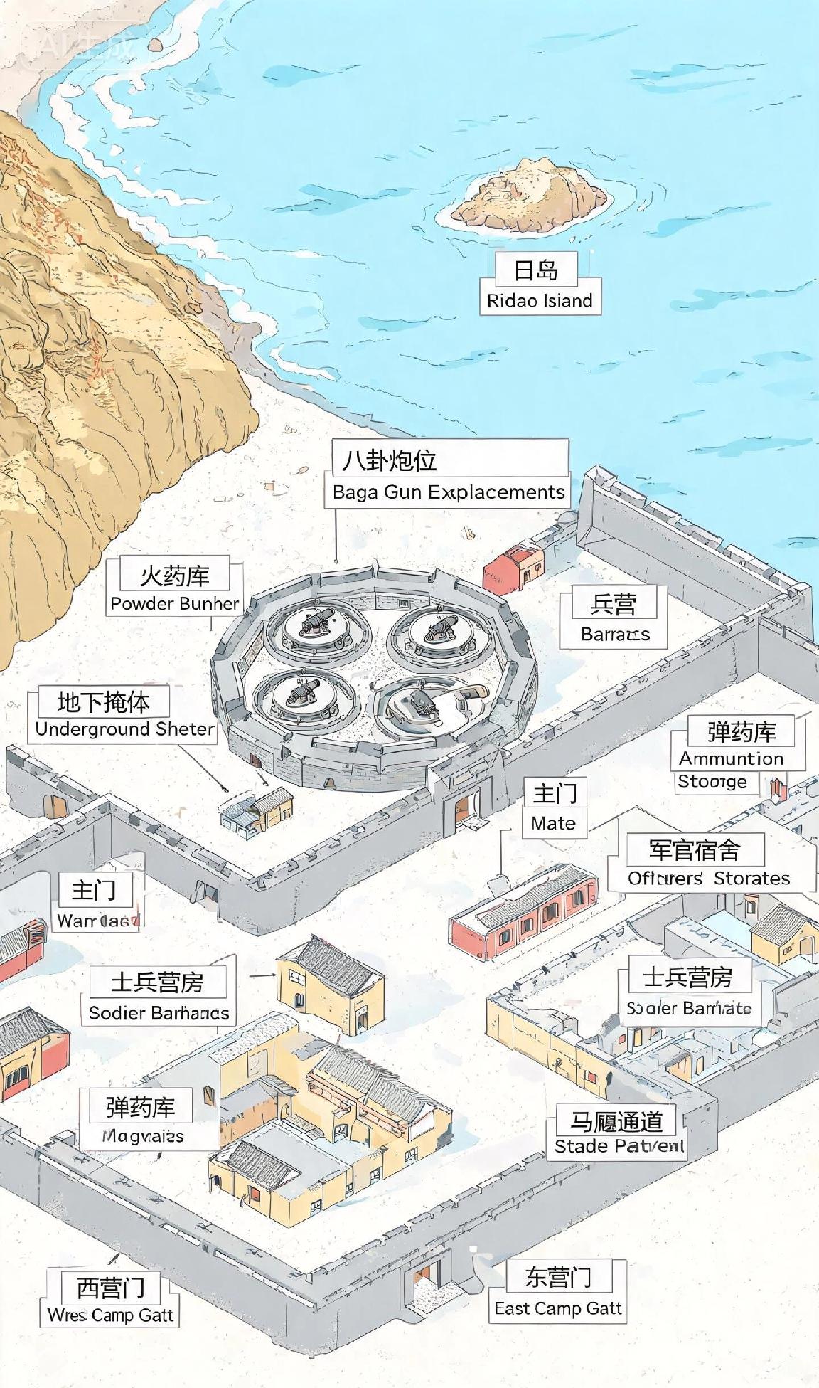 威海南岸龙庙嘴炮台，坐南向北。台右山势高峻不可越，前瞰日岛，后通巩军营。台中安八