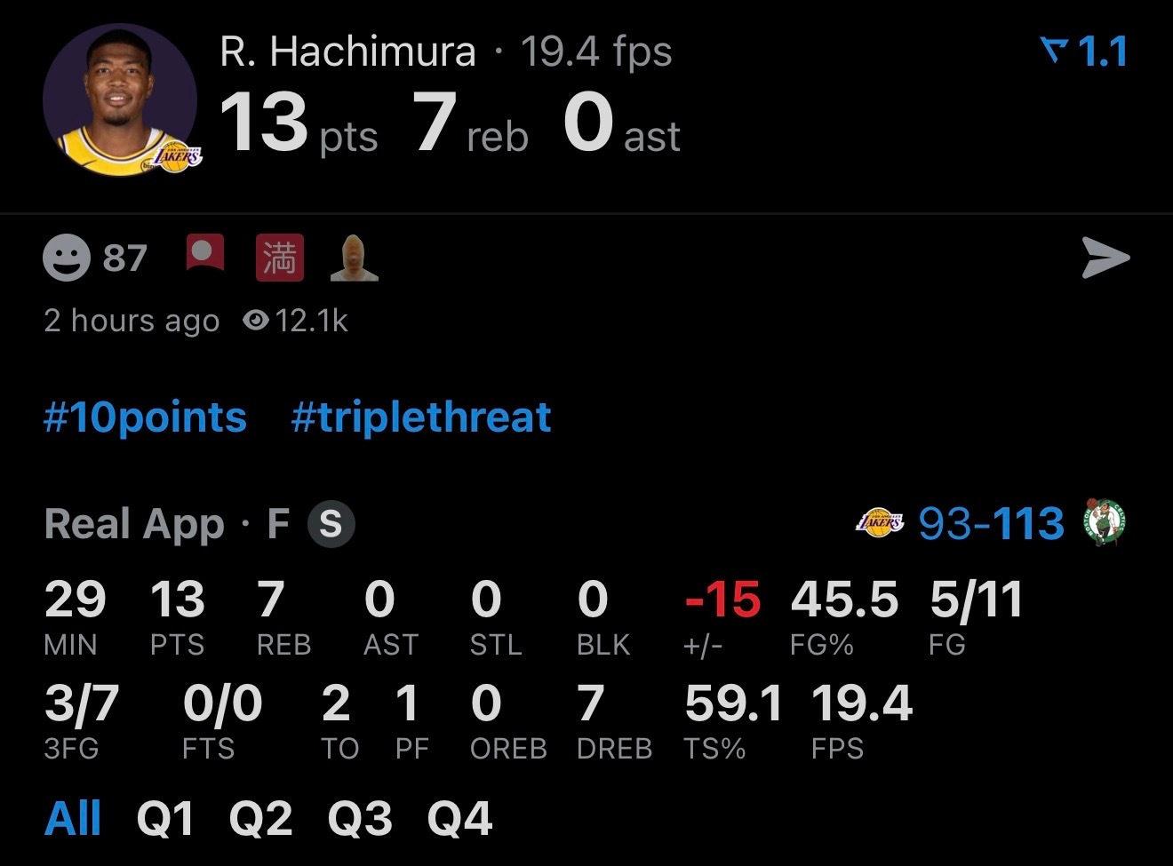 今天的八村：11投5中 三分球7中313分7篮板2失误湖人vs凯尔特人