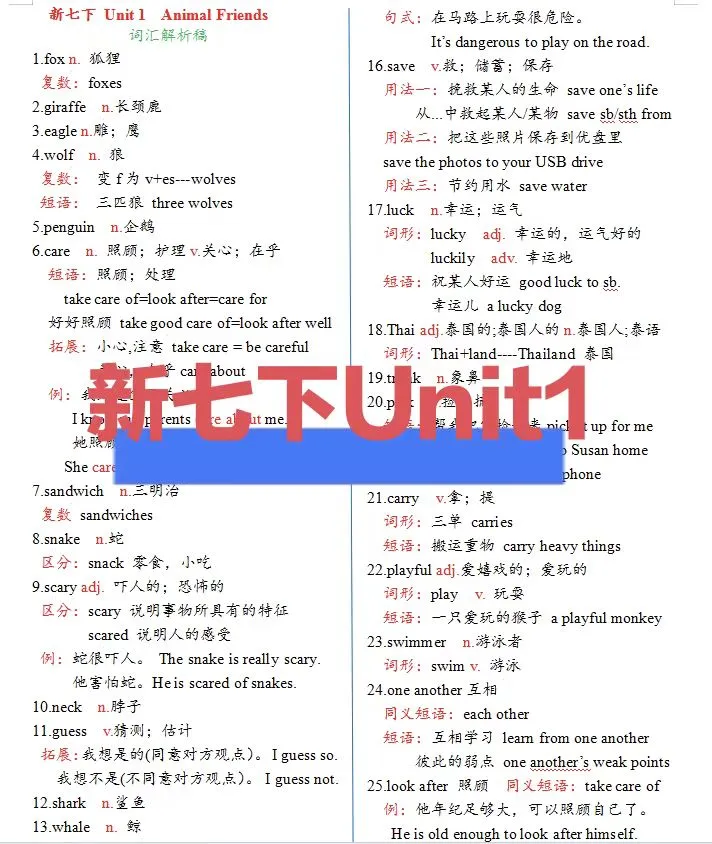 人教版新七下Unit1词汇解析默写