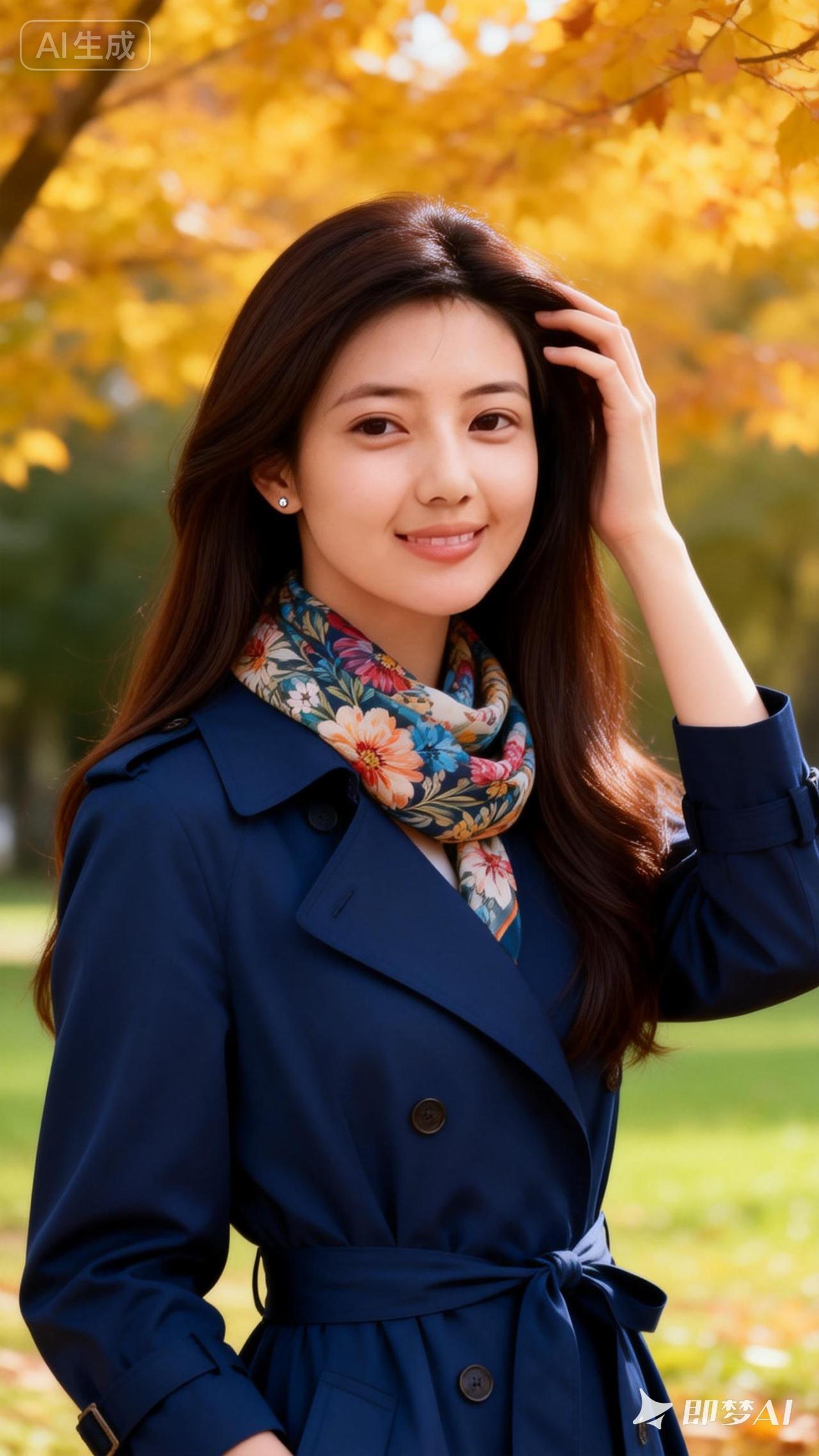 秋日暖阳下的优雅穿搭，花色围巾与蓝色大衣的完美搭配