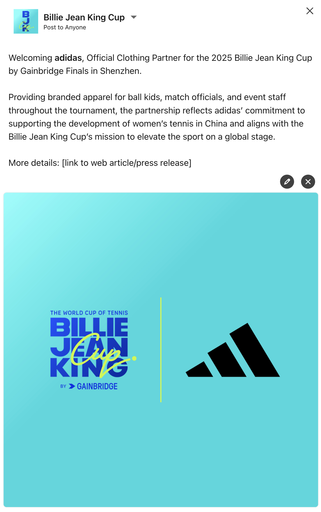 比利·简·金杯今日正式宣布阿迪达斯(adidas)成为2025年9月16日至21