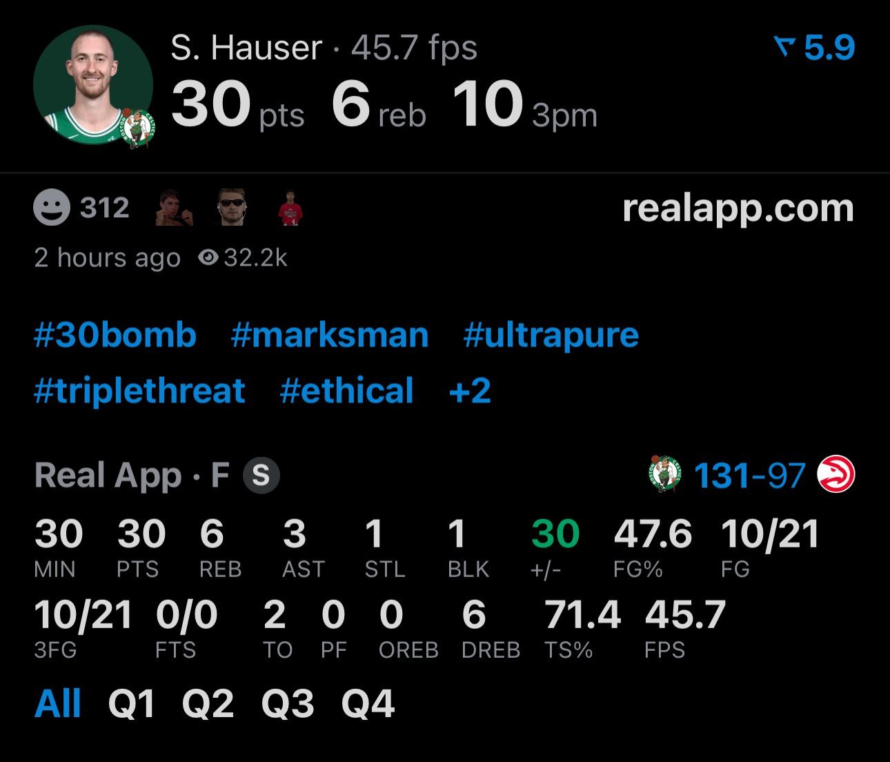 萨姆·豪瑟，30分，全部来自于三分球，21中10，没有任何两分出手。NBA历史首