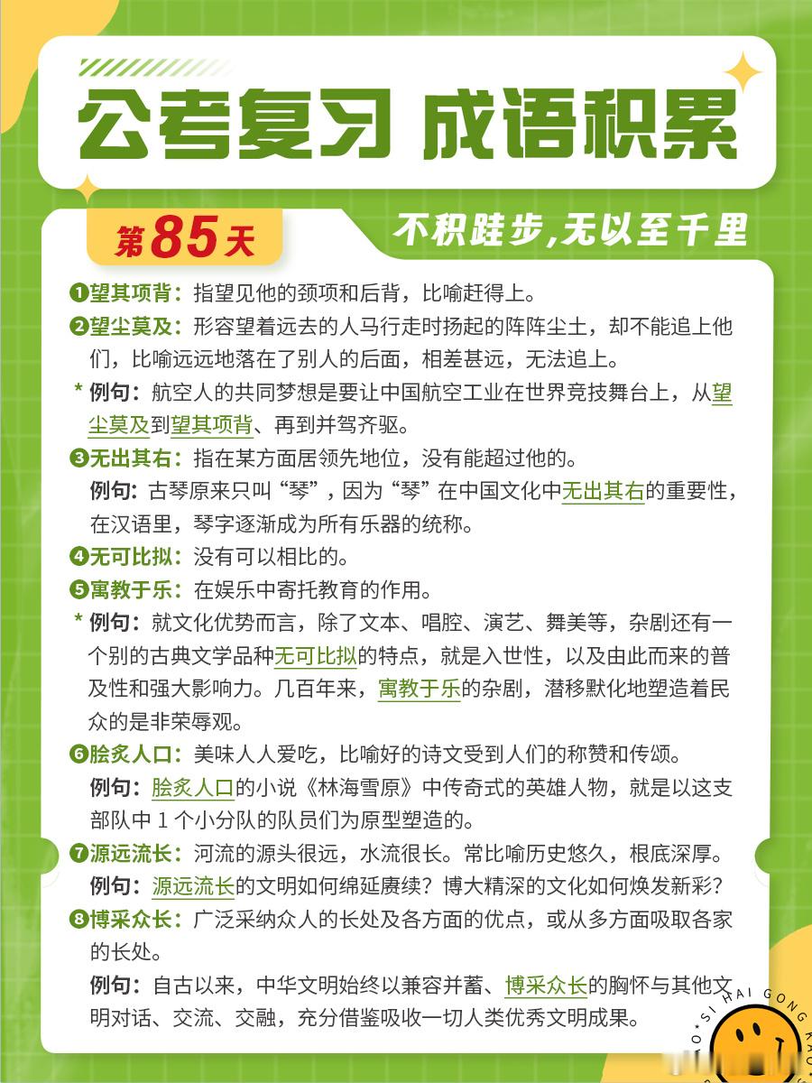 成语积累第八十五天望其项背 望尘莫及 无出其右 无可比拟 寓教于乐 脍炙人口 源