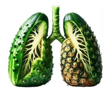 〔一图三看〕
图中画面真有趣；
一看就是人的肺；
一侧就是大菠萝；
另一侧就等你