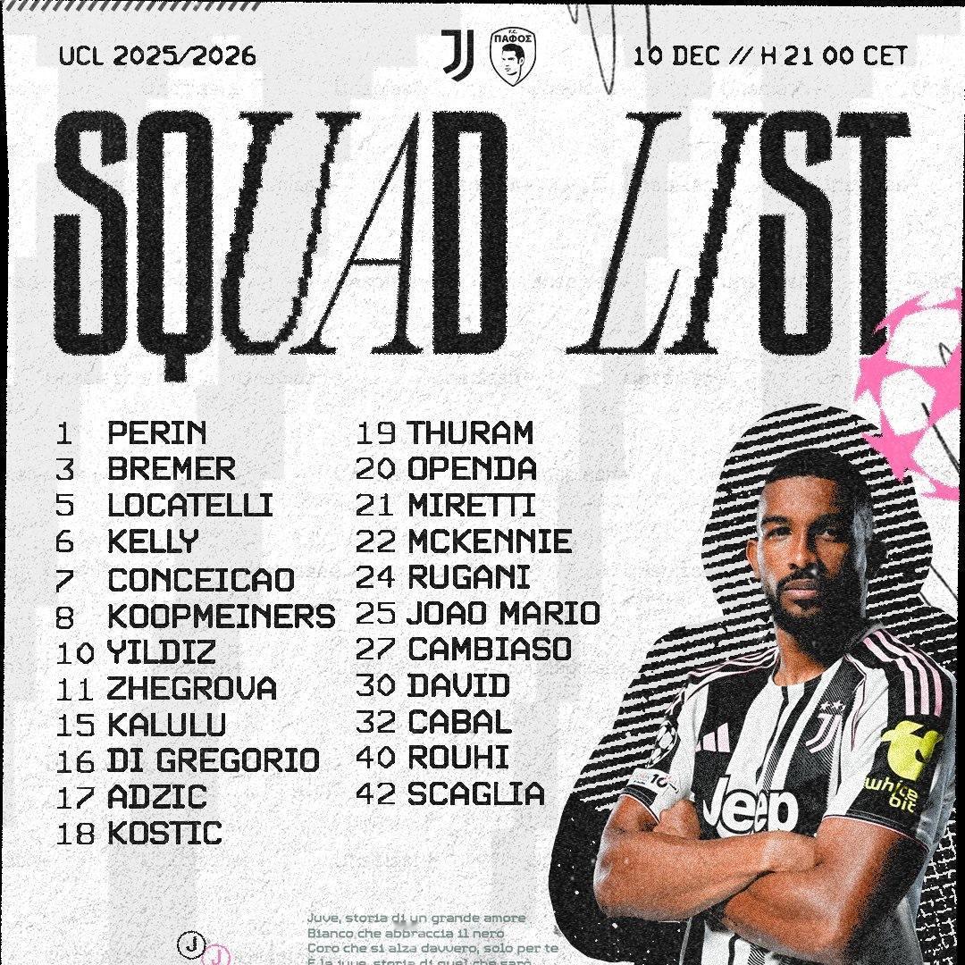 尤文图斯公布今夜欧冠迎战帕福斯的大名单，布雷默、鲁加尼回归！

加蒂、弗拉霍维奇