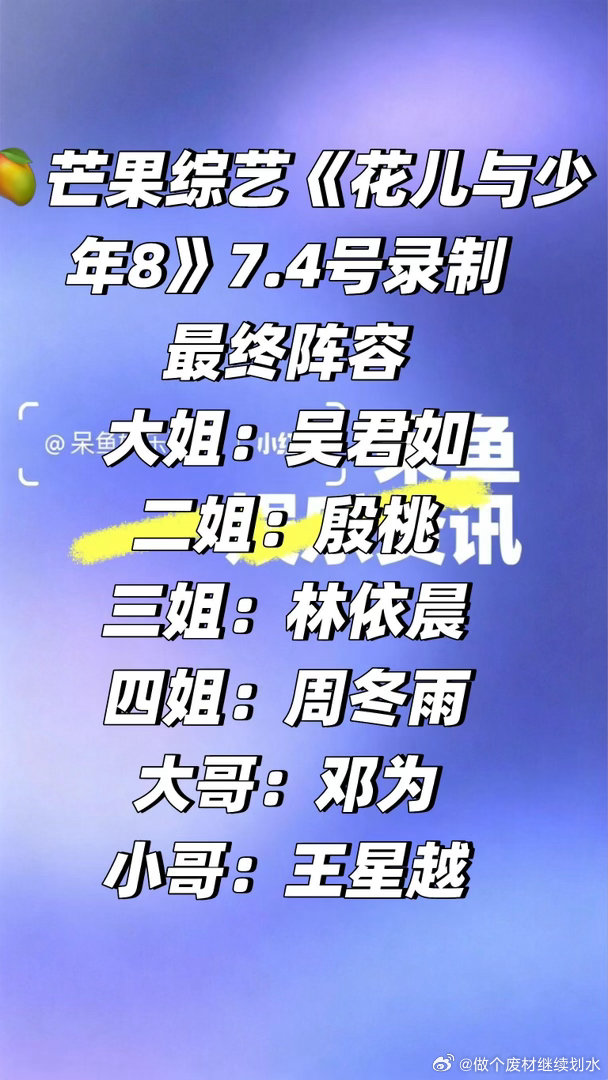 🥭芒果综艺《花儿与少年8》7.4号录制最终阵容大姐：吴君如二姐：殷桃三姐：林依