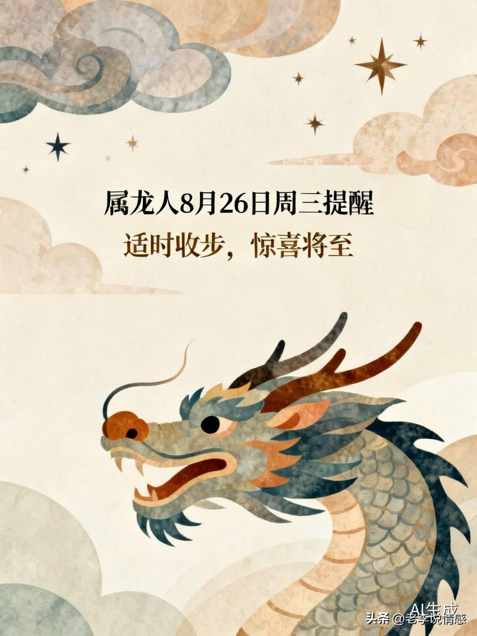 属龙的朋友，8月26号周三可得留意了。咱属龙的向来闯劲足，年轻时风风火火，现在这