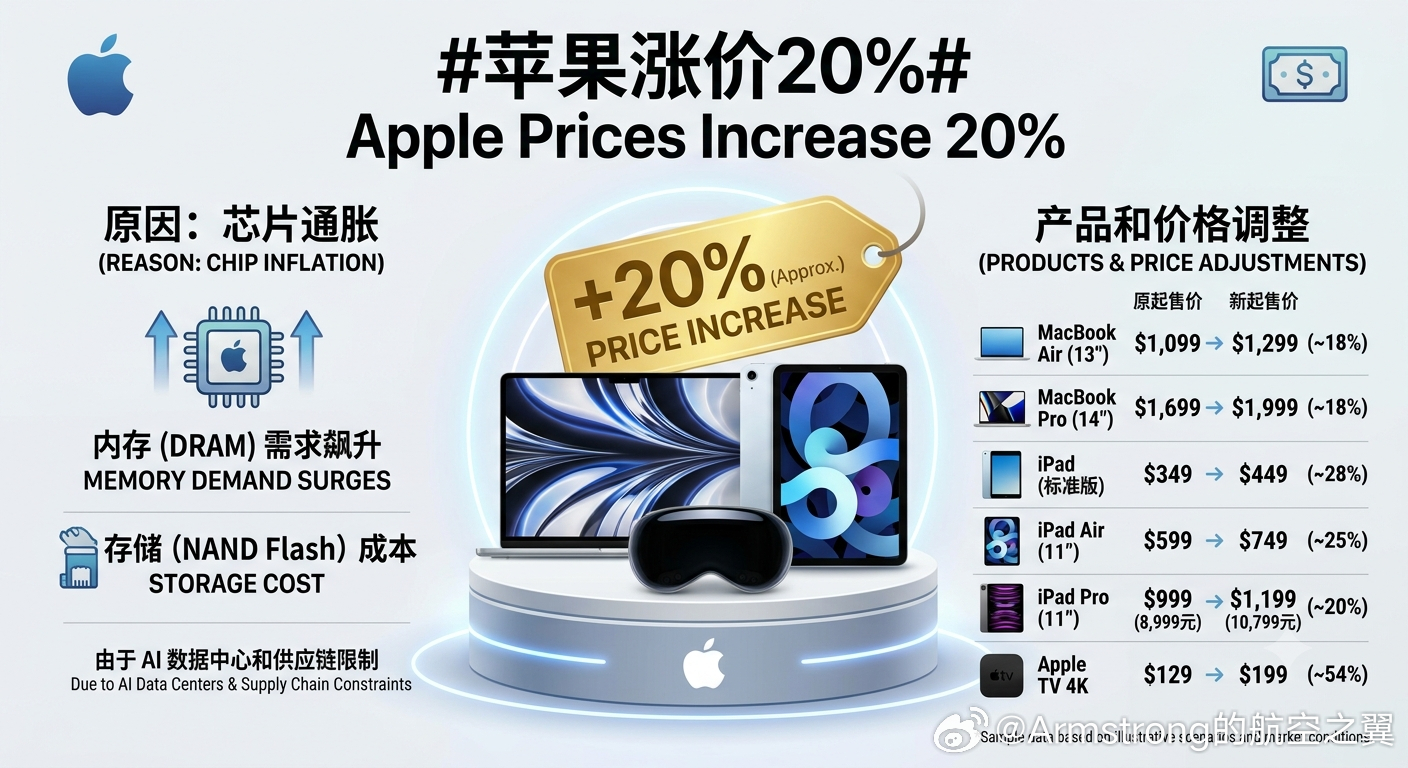 苹果涨价20% 苹果于2026年6月25日晚正式官宣调价，将多款iPad和Mac