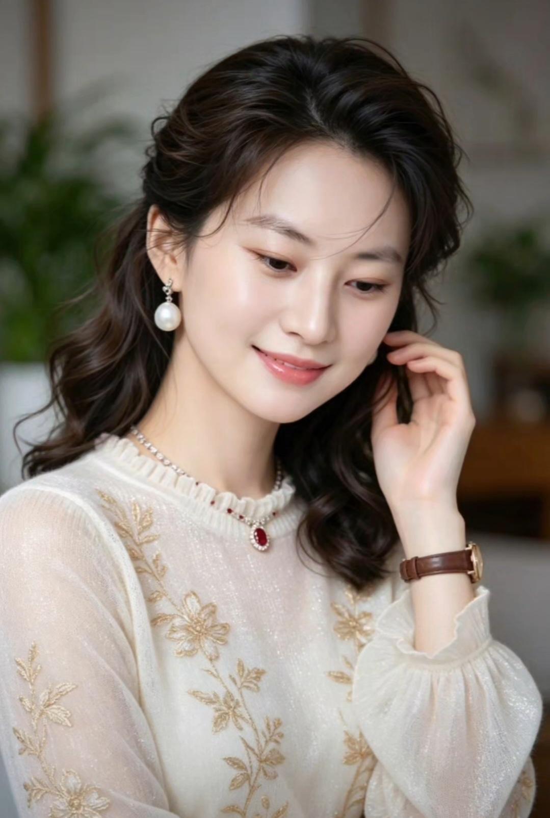 这位女士在微笑，看起来很漂亮。