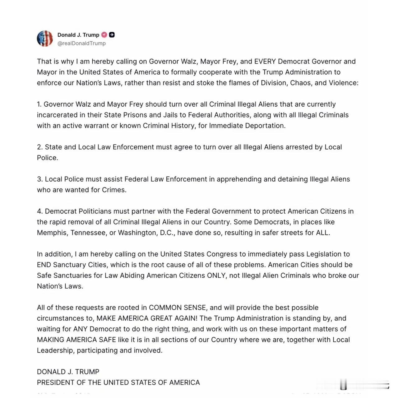 特朗普——这就是为什么我在此呼吁沃兹州长，佛雷市长，以及美国的每一位民主党州长和