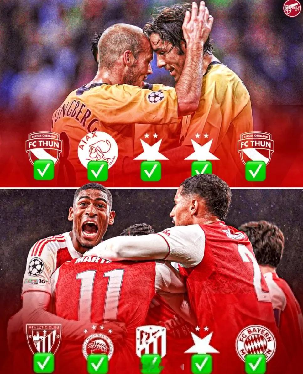 阿森纳阿森纳上次在欧冠单个赛季中赢下前5场比赛还是在05-06赛季，而那个赛季枪