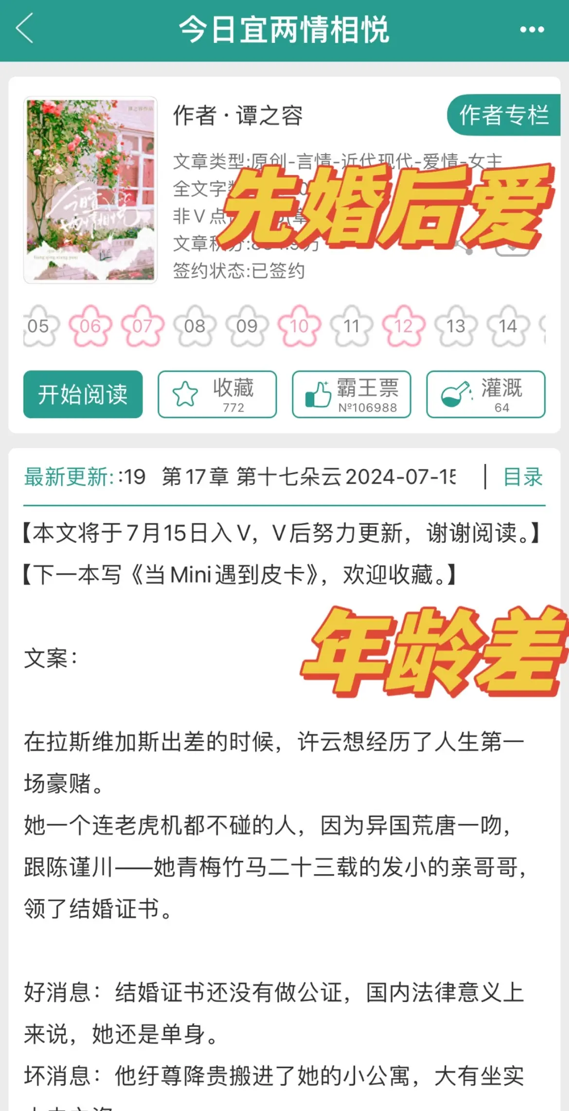 这本先婚后爱好甜～开篇因为意外在拉斯维加斯和竹马的哥哥领了证，女主回国...