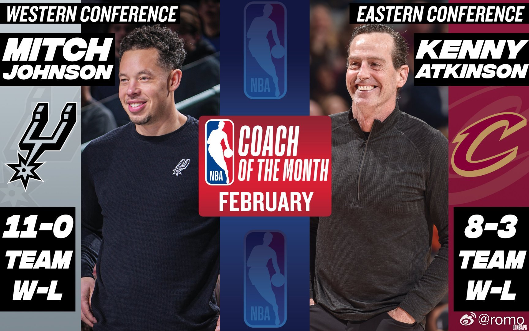 马刺队米奇·约翰逊和骑士队肯尼·阿特金森分别当选NBA二月西部和东部最佳教练。其