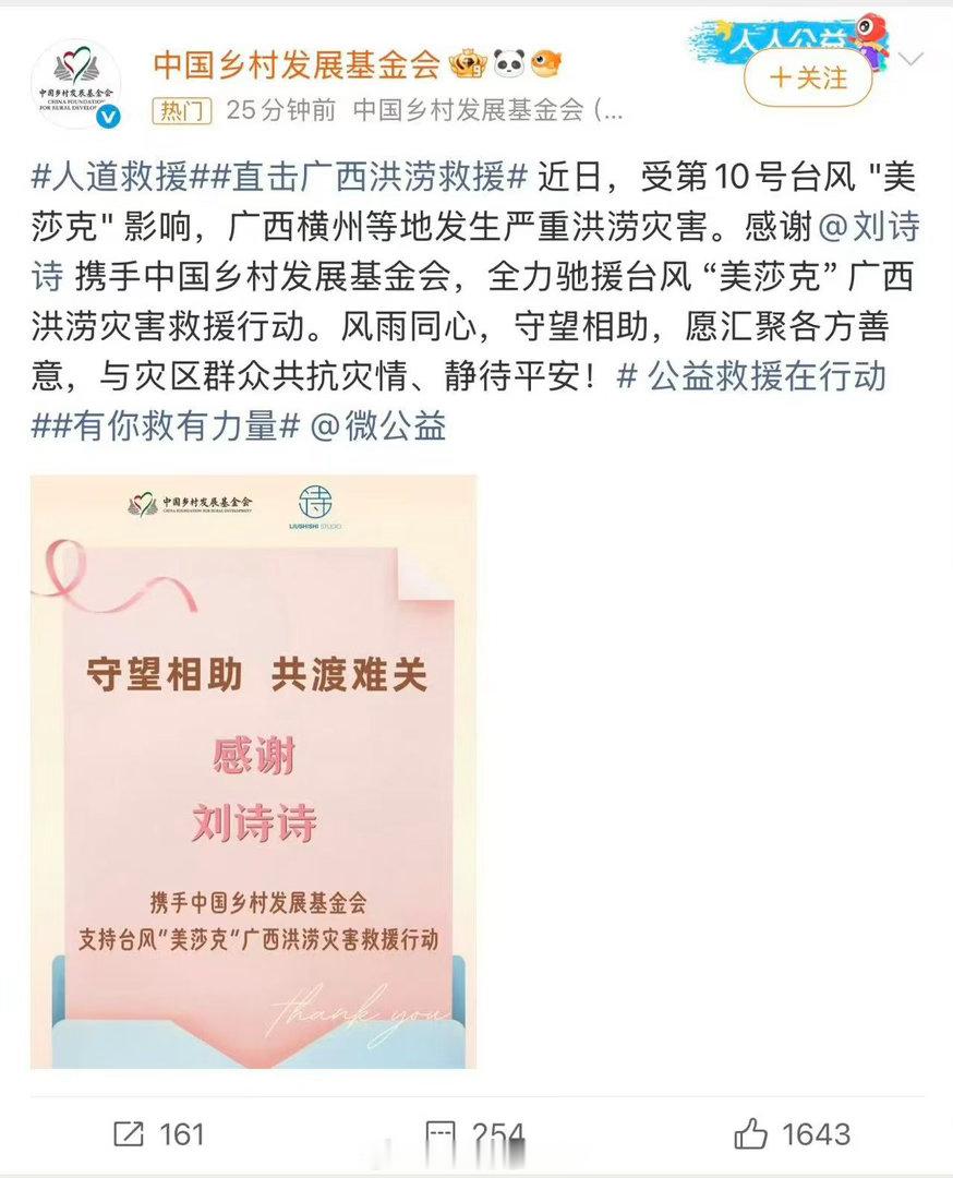 刘诗诗驰援广西刘诗诗驰援广西灾区 刘诗诗驰援广西在公益路上从未缺席的一姐！愿一切