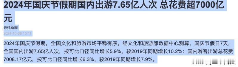 这个国庆不一般！
出行人次超过2019，且增长超过10%
出游花费同样超过201