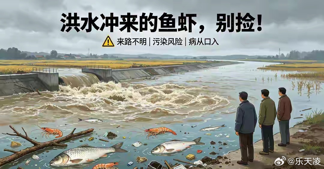洪水里冲下来的鱼虾千万别吃 洪水来源复杂，混有污水、化学品及重金属，鱼虾极易被污