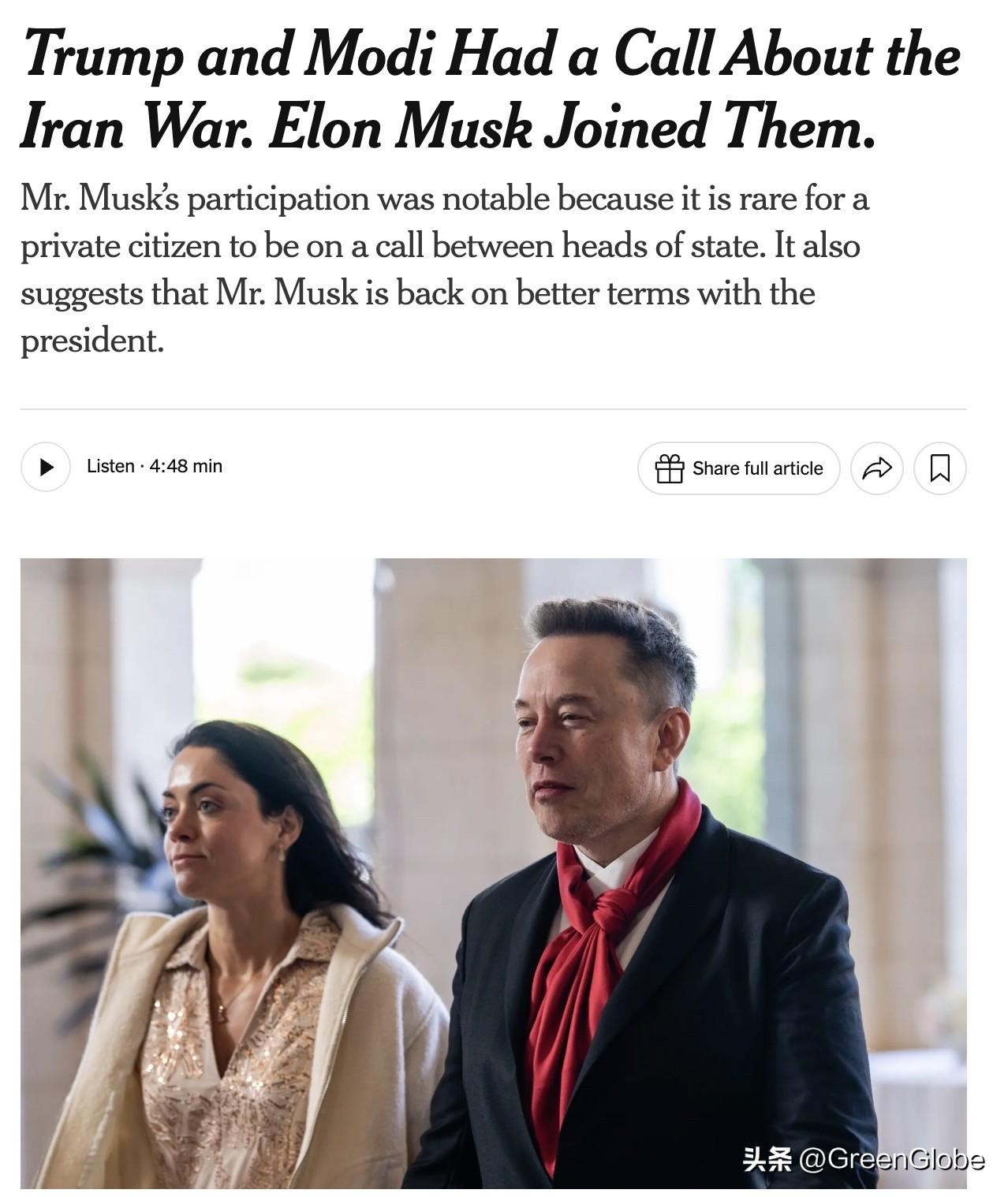 來自纽约时报的新訊息：埃隆·马斯克Elon Musk本週参与了美国总统特朗普Tr