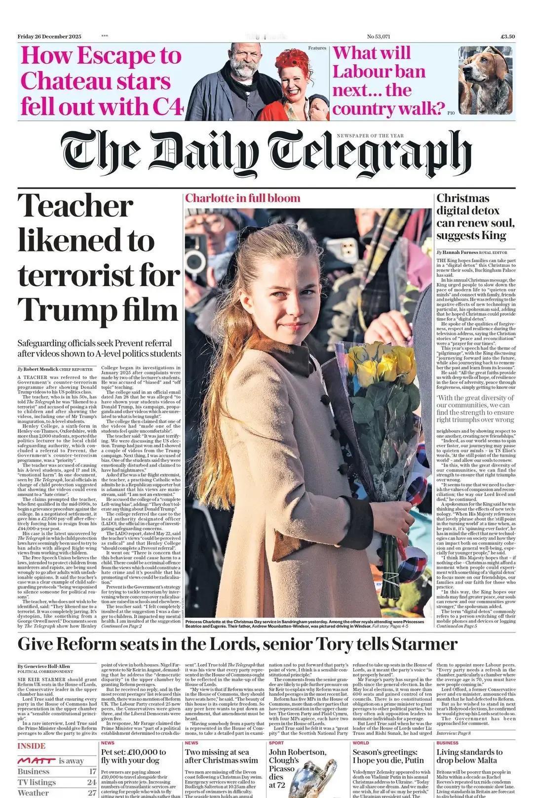 《每日电讯报》今天的头条新闻是，英国牛津郡一名高中教师，因为在课堂上向学生们播放