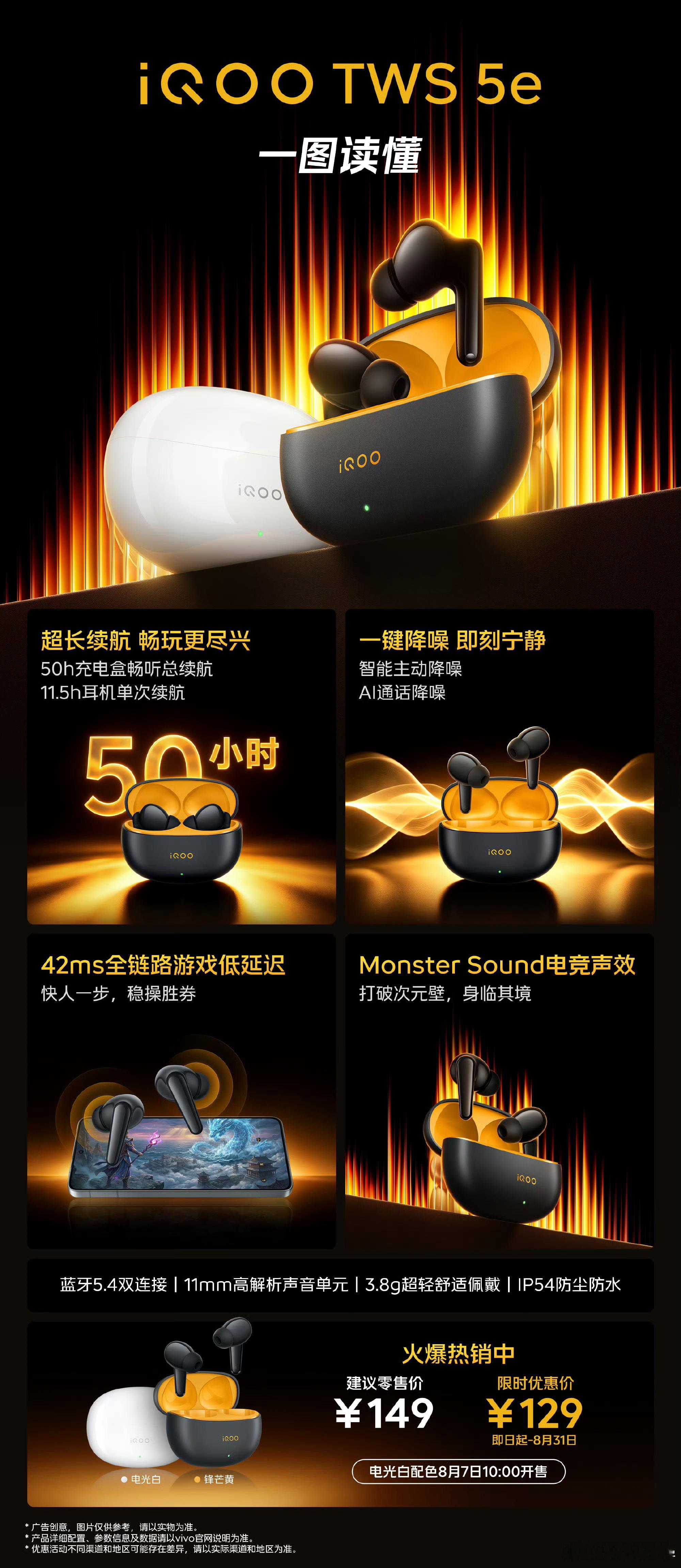 【一图看懂iQOO TWS 5e】🔋最长50小时续航，日常通勤、长时间追剧打游