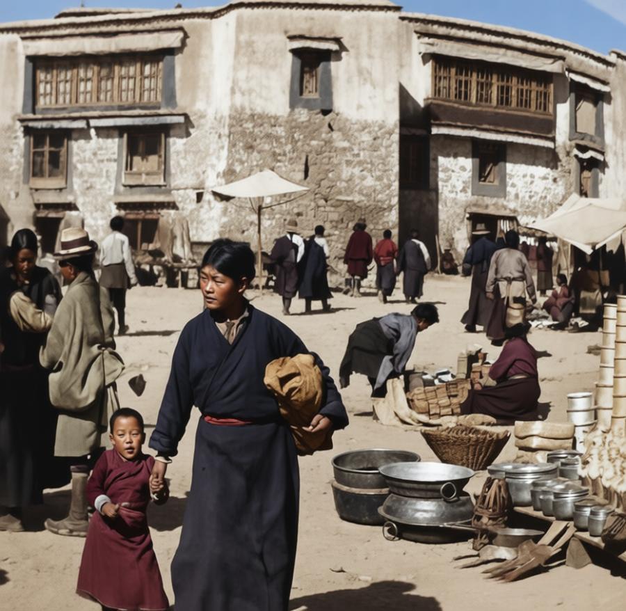 20世纪40年代，拉萨大街的鲜活市井凝为永恒。
一位身着藏式氆氇长袍的母亲正牵着