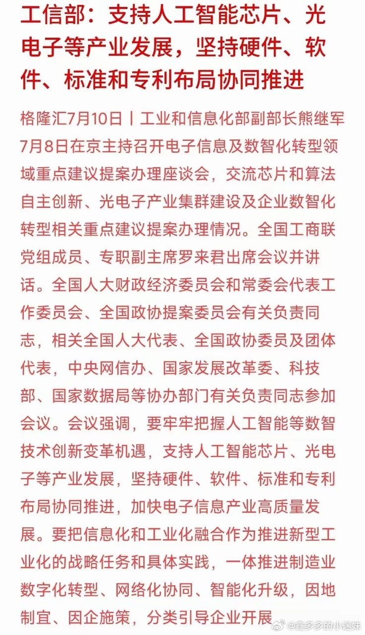 利好消息，接下来要支持AI人工智能的芯片发展，要支持软硬件相关专利共同推进，人工