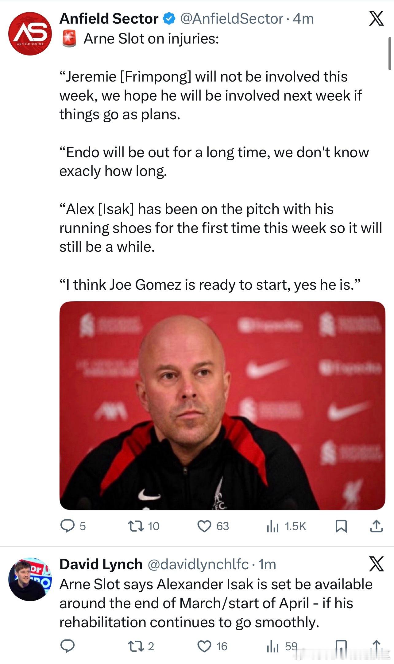 斯洛特谈伤病情况：弗林蓬赶不上对阵诺丁汉森林的比赛，但希望他可以按照计划在下周回