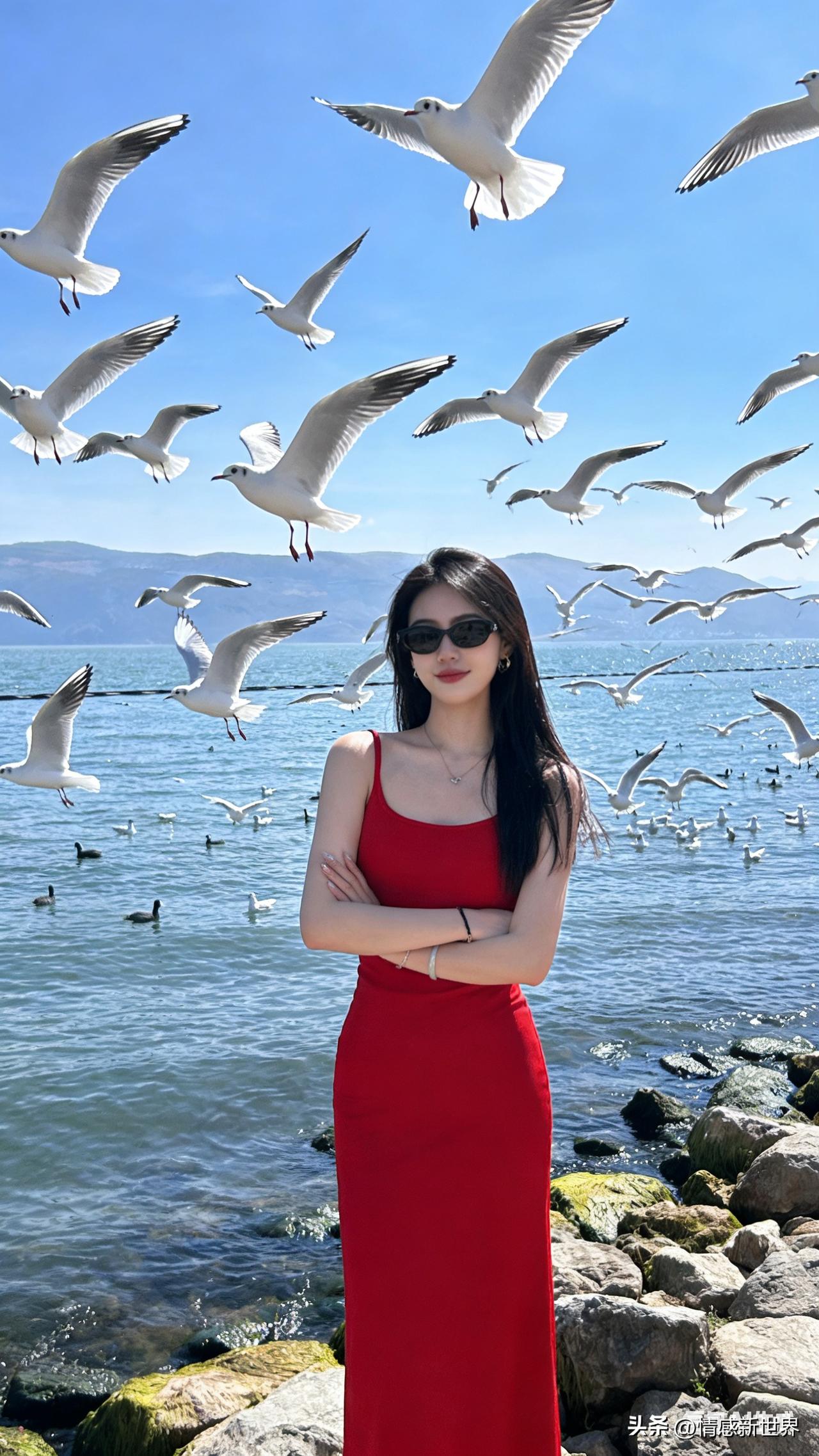 海边漫步，红裙飘飘，海鸥相伴，自由自在。海边漫步照 海边随性随拍