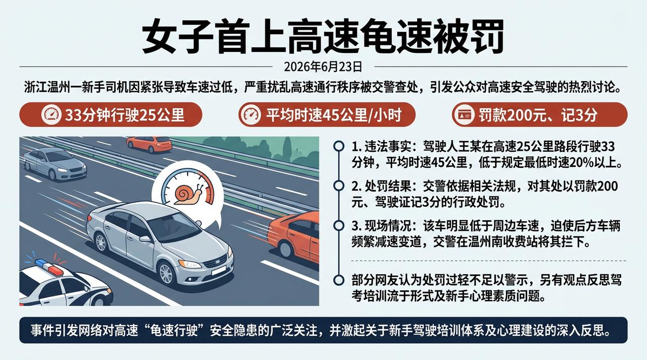 浙江这位新手司机，第一次上高速全程紧绷，33分钟只开25公里，时速45km/h，